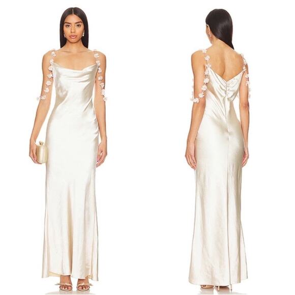 Self-Portrait Dresses & Skirts - SELF-PORTRAIT Satin Flower Floral Champagne Off the Shoulder Maxi Dress Size 2